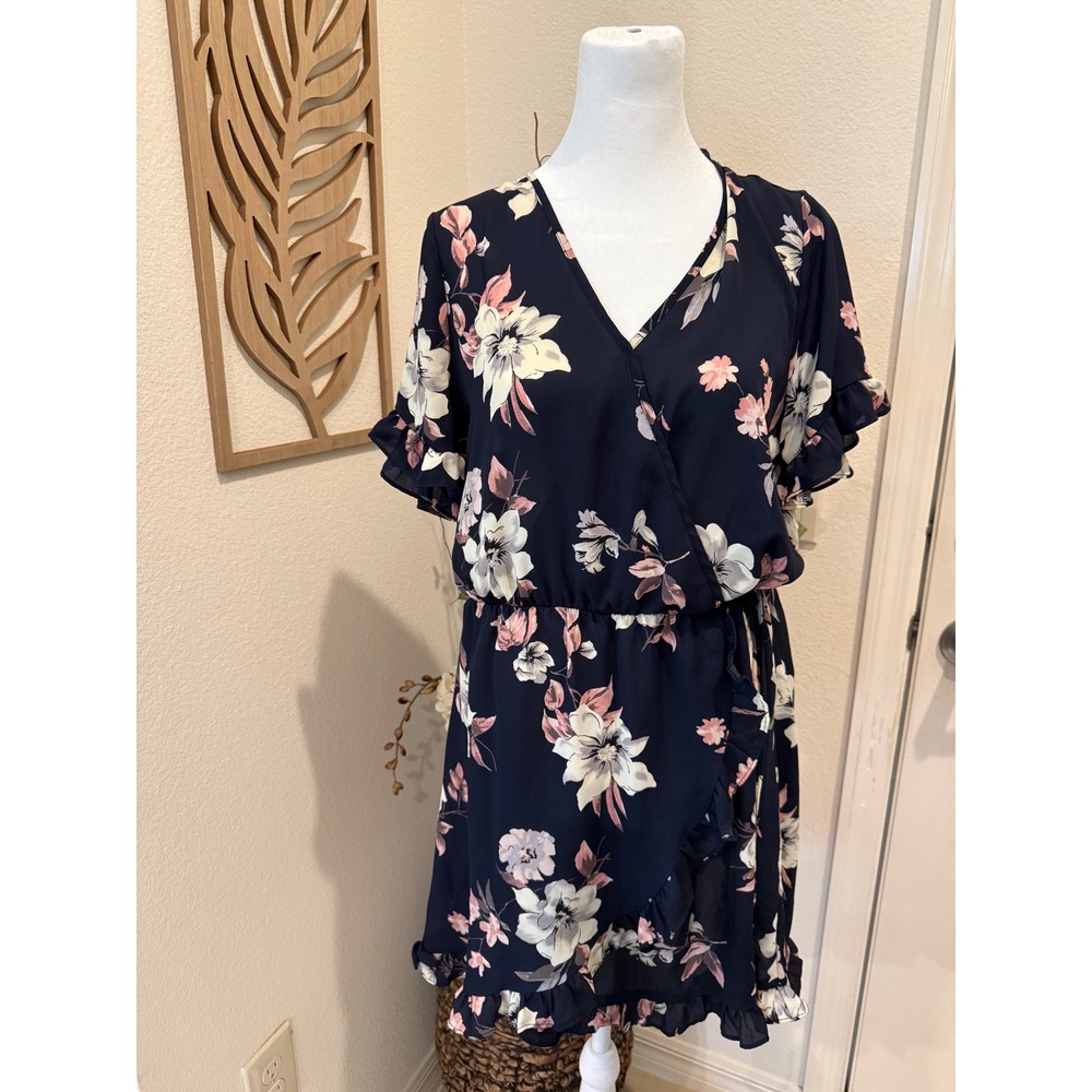 Sienna Sky Navy Blue Floral Faux Wrap‎ Ruffle Mini Dress Medium 02CDR909